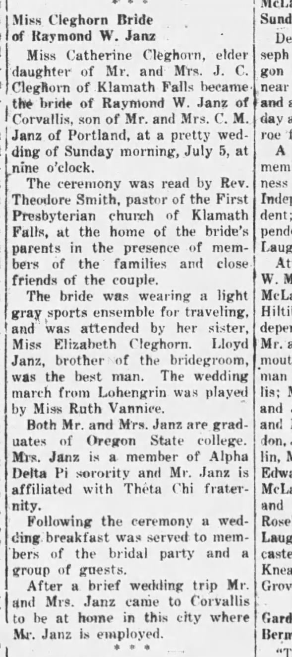 Janz Raymond W and Cleghorn Catherine Wedding Announcement 19 Jul 1936